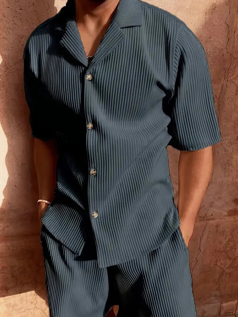 Men's Linen Two-Piece Set - Relaxed Fit Short Sleeve Open Collar & Trousers
