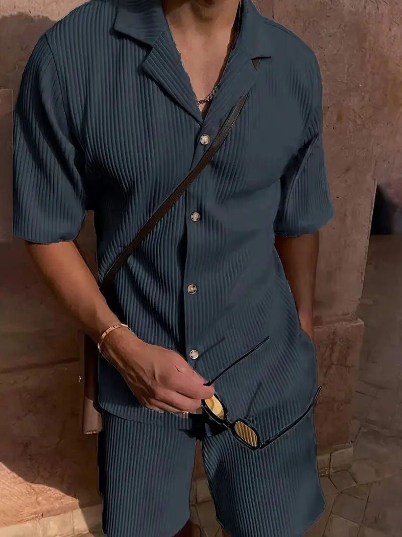 Men's Linen Two-Piece Set - Relaxed Fit Short Sleeve Open Collar & Trousers