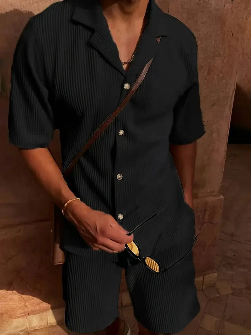 Men's Linen Two-Piece Set - Relaxed Fit Short Sleeve Open Collar & Trousers
