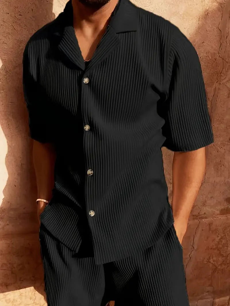 Men's Linen Two-Piece Set - Relaxed Fit Short Sleeve Open Collar & Trousers