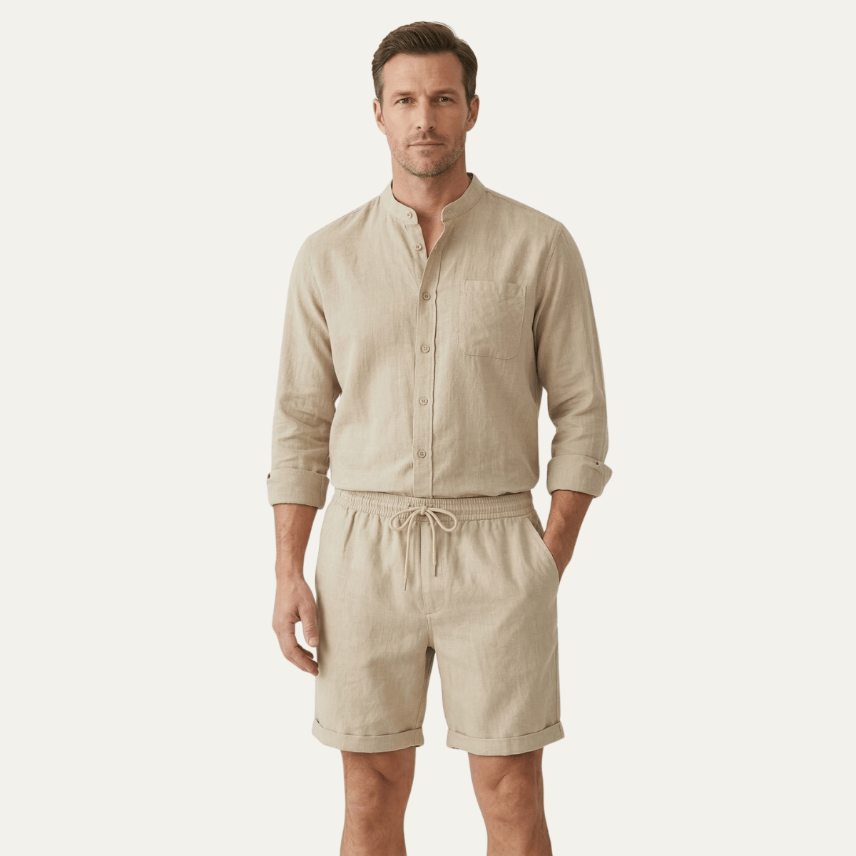Men's Linen Two-Piece Set - Relaxed Fit Short Sleeve Shirt & Shorts