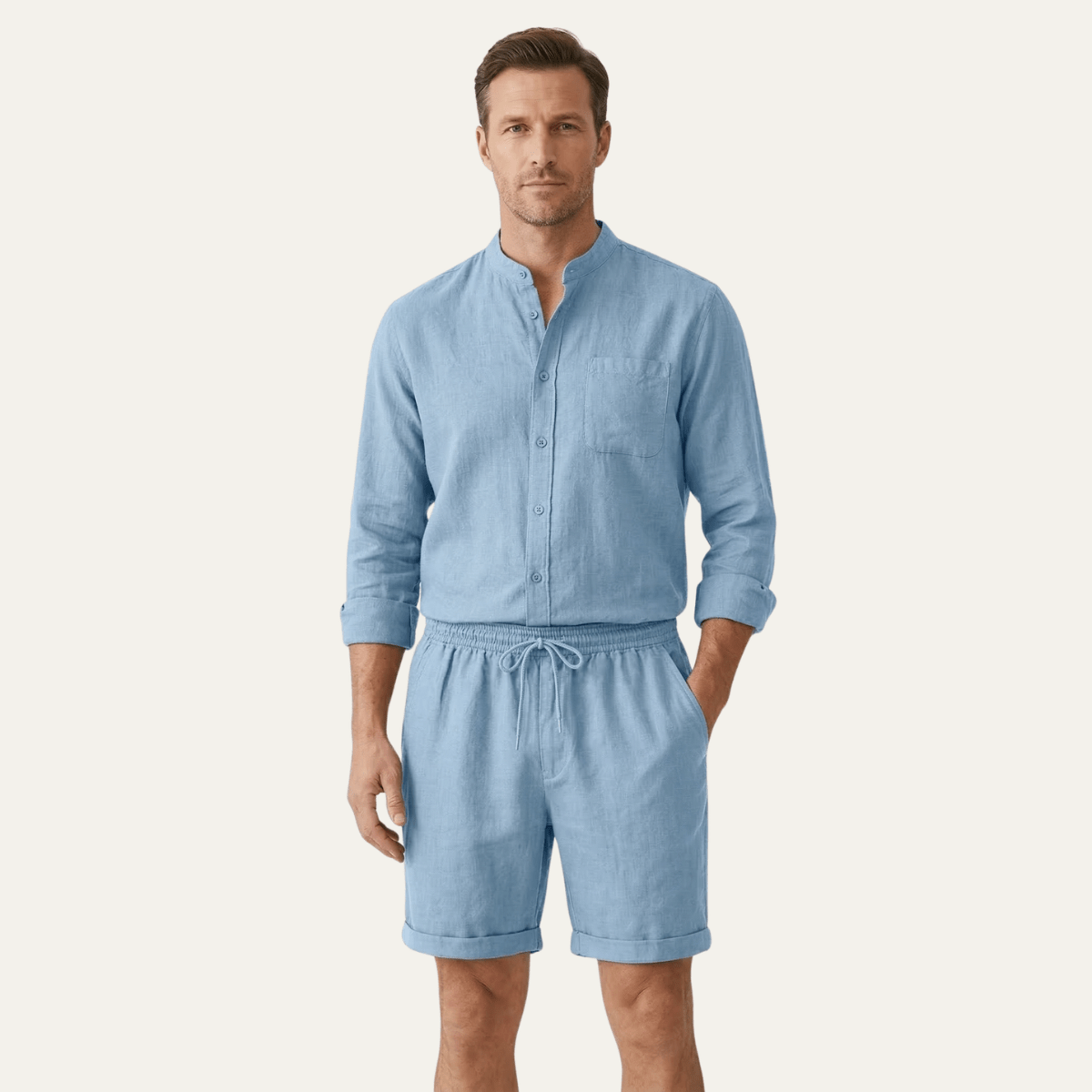 Men's Linen Two-Piece Set - Relaxed Fit Short Sleeve Shirt & Shorts