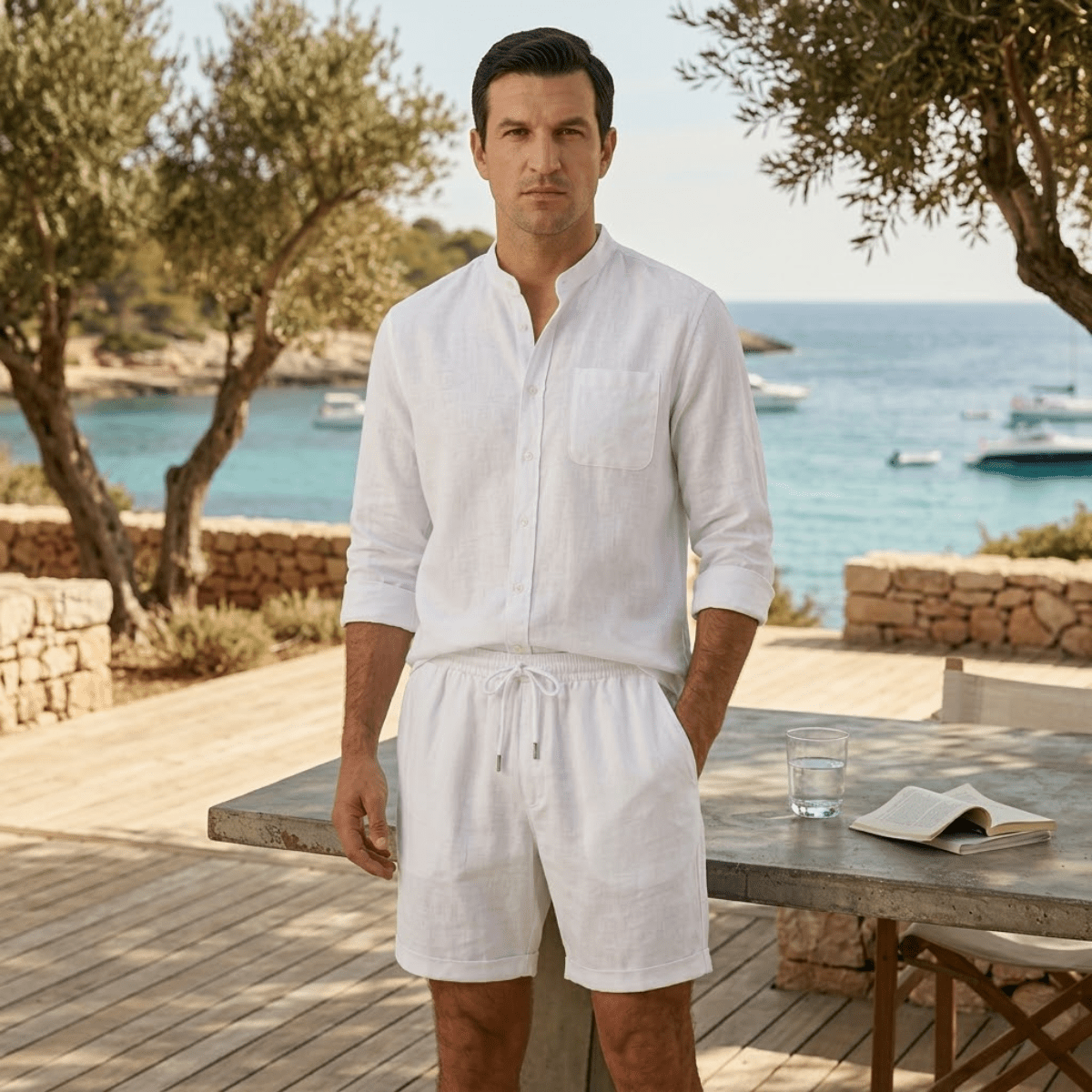 Men's Linen Two-Piece Set - Relaxed Fit Short Sleeve Shirt & Shorts