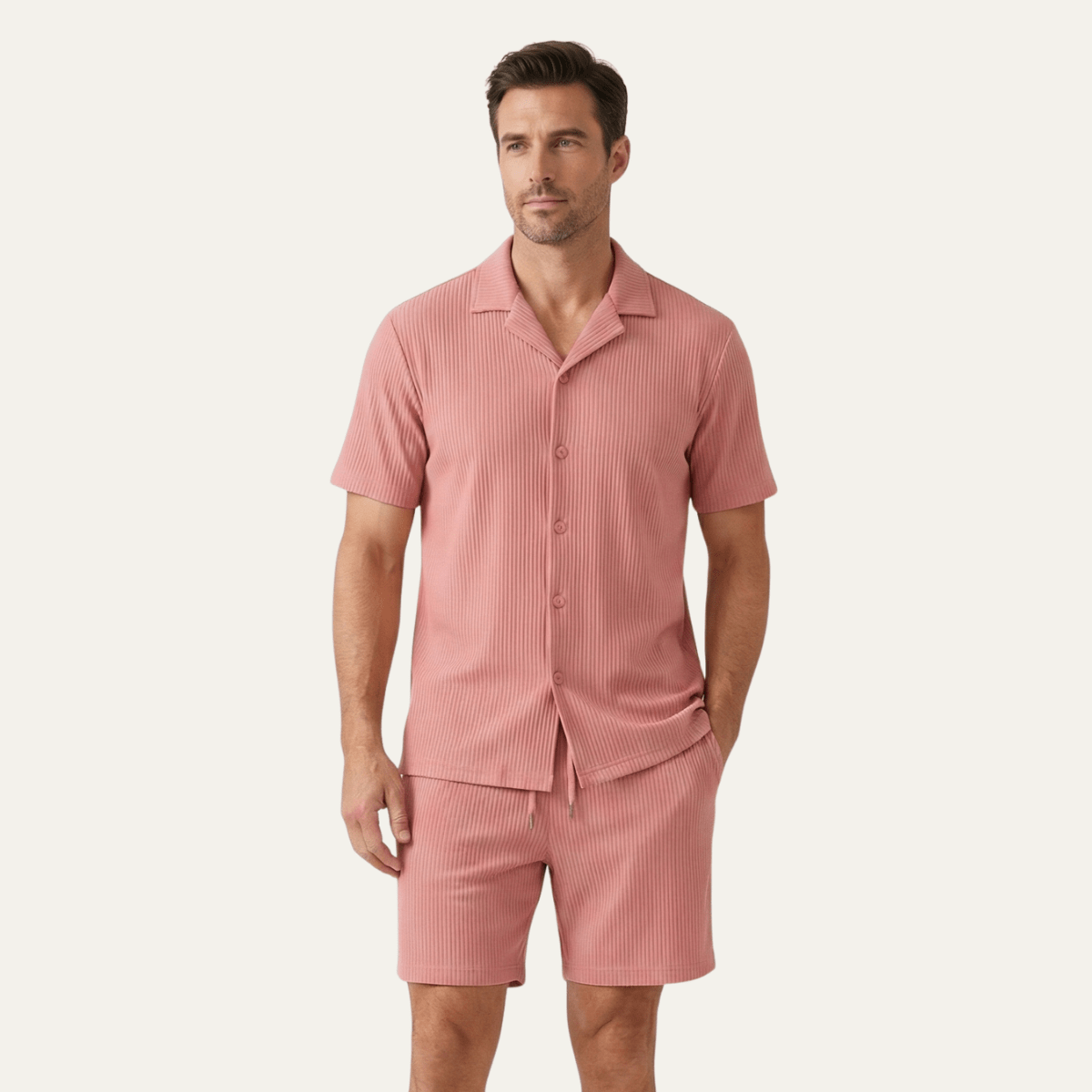 Men's Lounge Set — Ribbed Short Sleeve Top & Drawstring Shorts