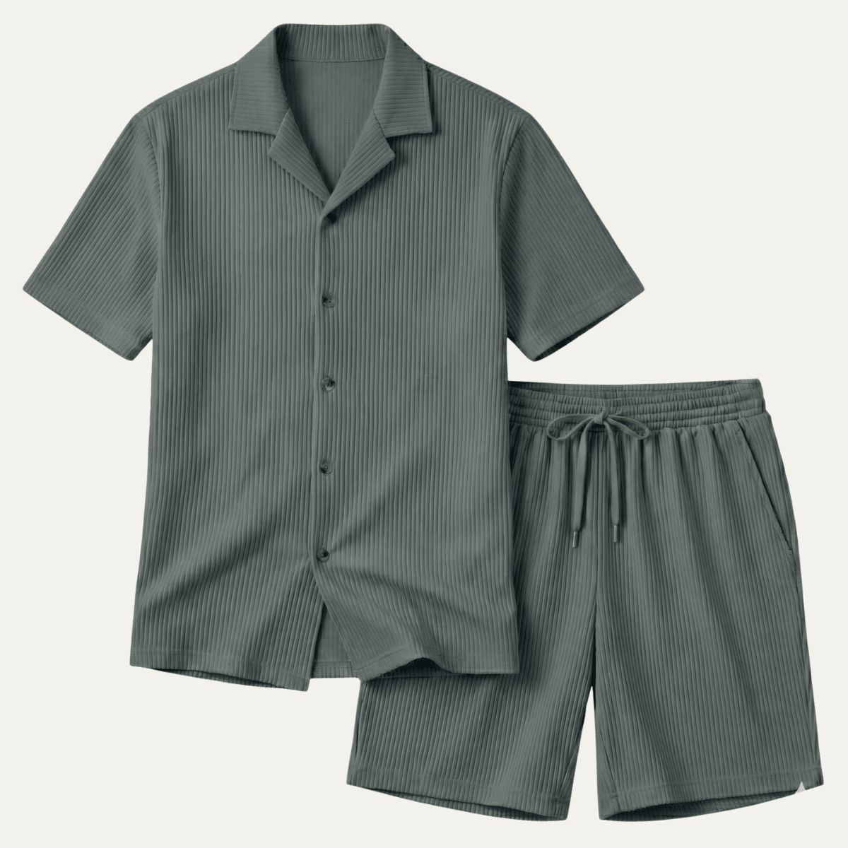 Men's Lounge Set — Ribbed Short Sleeve Top & Drawstring Shorts