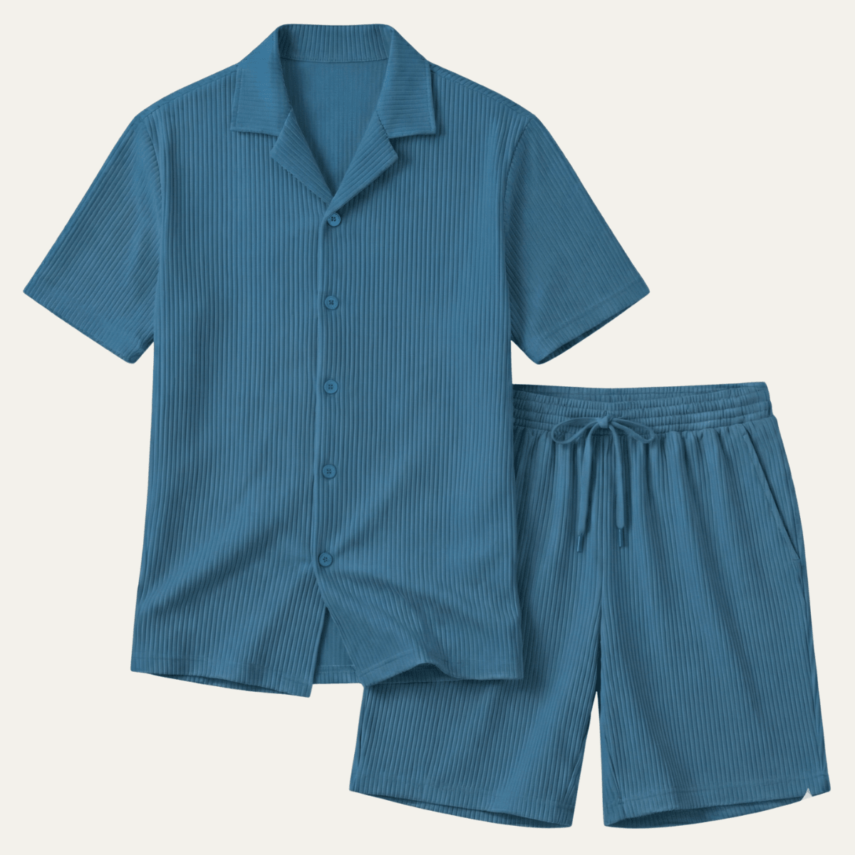 Men's Lounge Set — Ribbed Short Sleeve Top & Drawstring Shorts