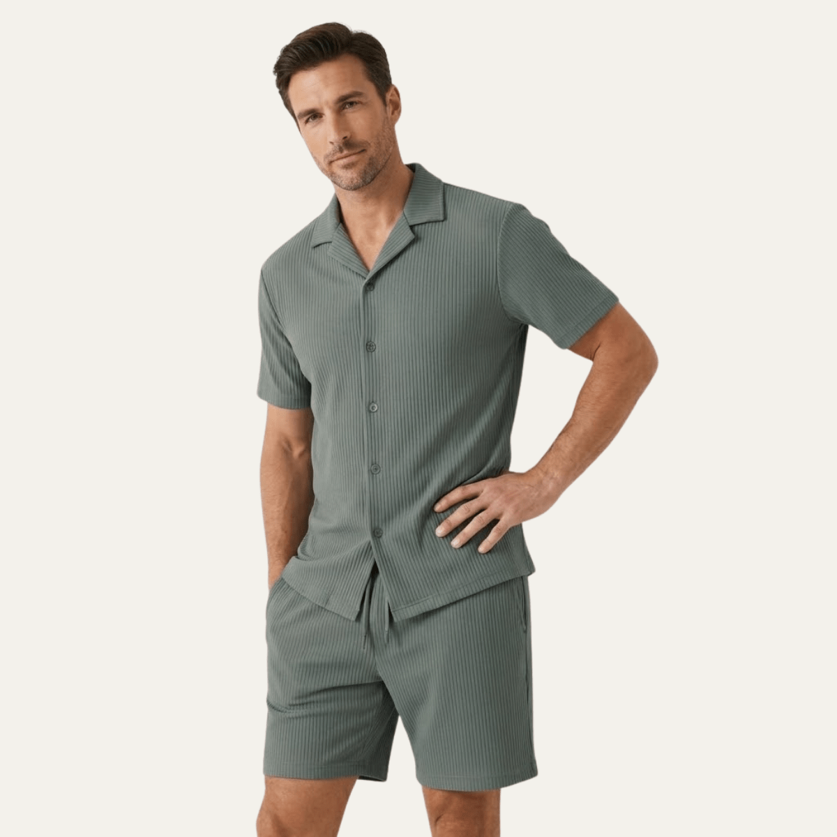 Men's Lounge Set — Ribbed Short Sleeve Top & Drawstring Shorts