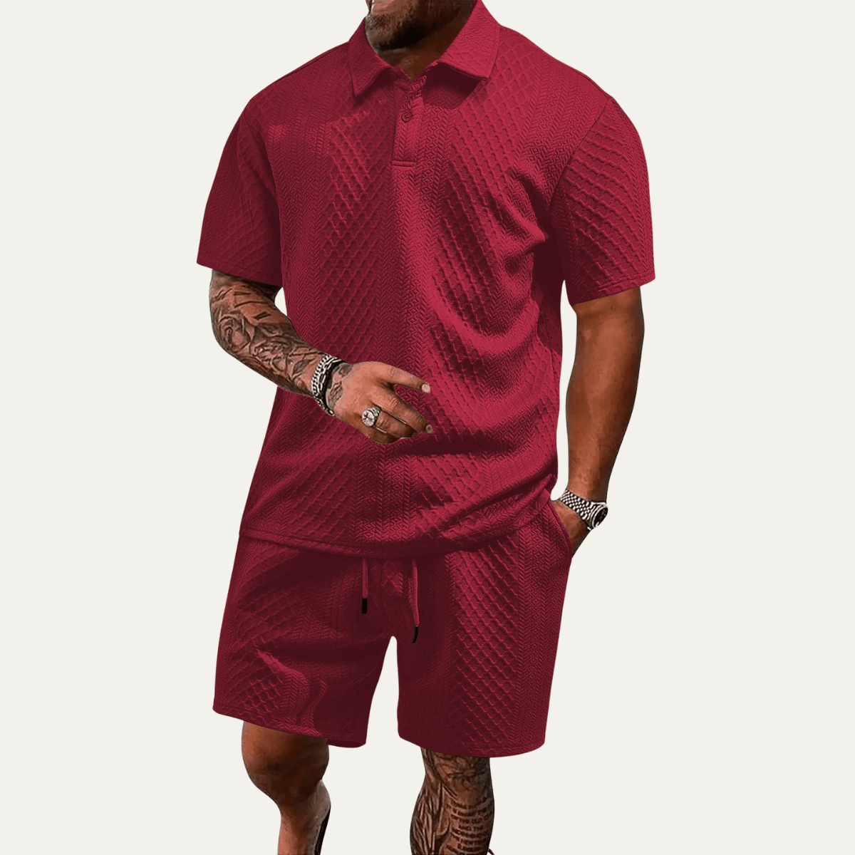 Men's Polo Set — Jacquard Short Sleeve Drawstring Shorts Design
