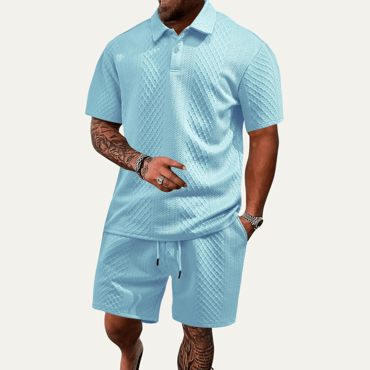 Men's Polo Set — Jacquard Short Sleeve Drawstring Shorts Design