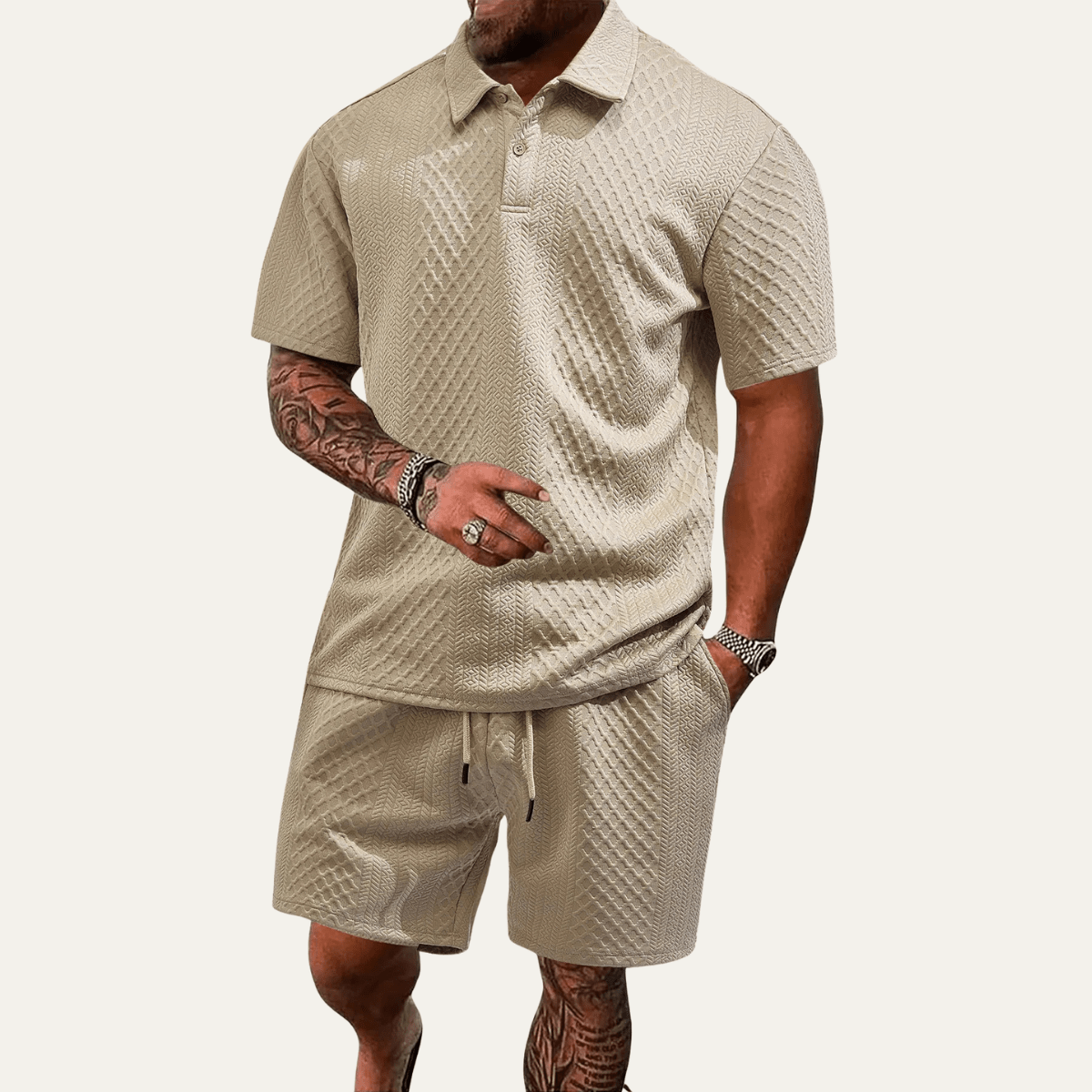 Men's Polo Set — Jacquard Short Sleeve Drawstring Shorts Design