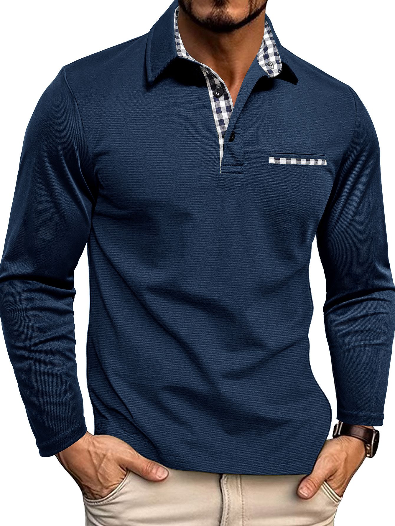 Men's Polo Shirt — Regular Fit Long Sleeve Button Placket