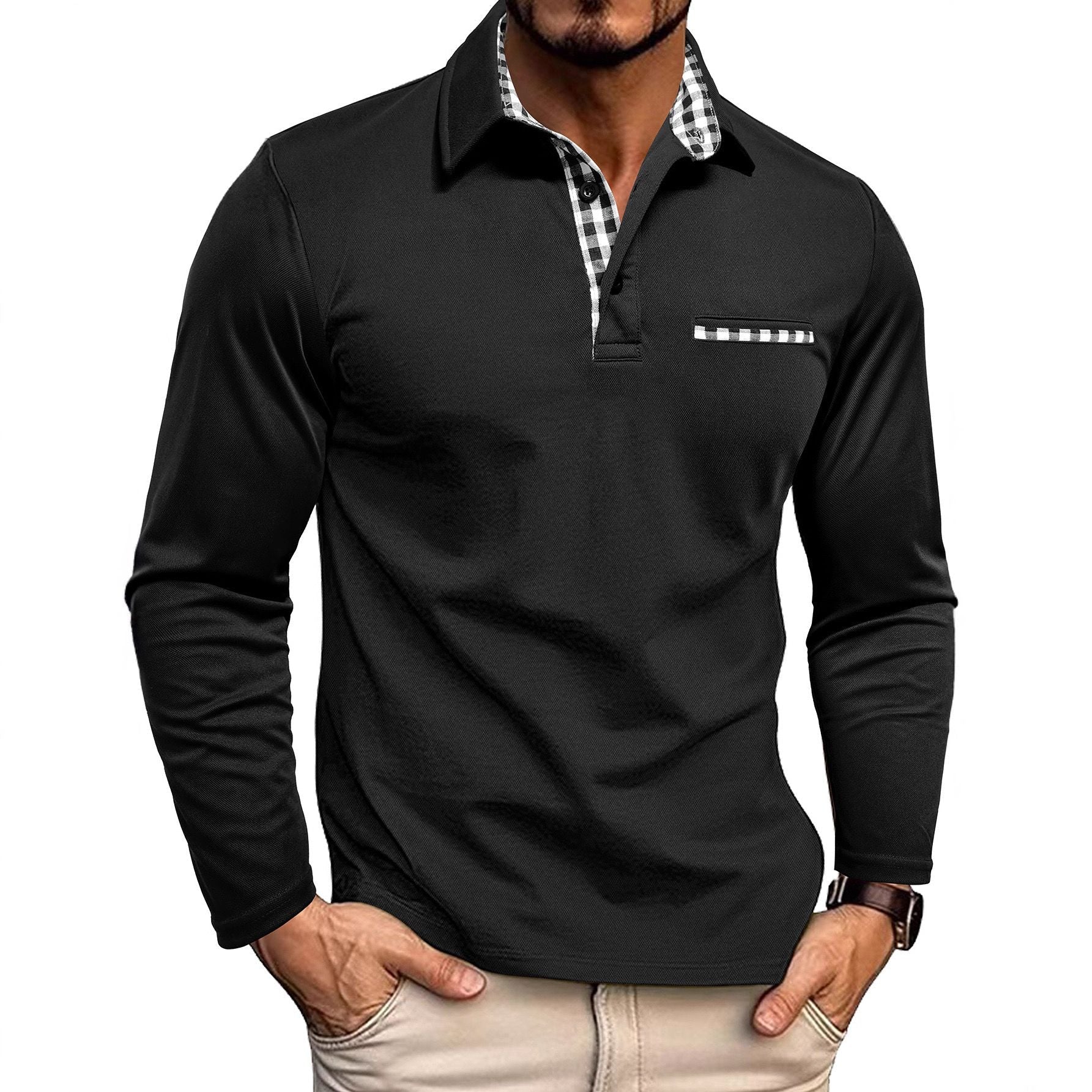 Men's Polo Shirt — Regular Fit Long Sleeve Button Placket