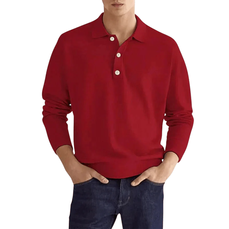Men's Polo Shirt — Regular Fit Long Sleeve Classic Button Front