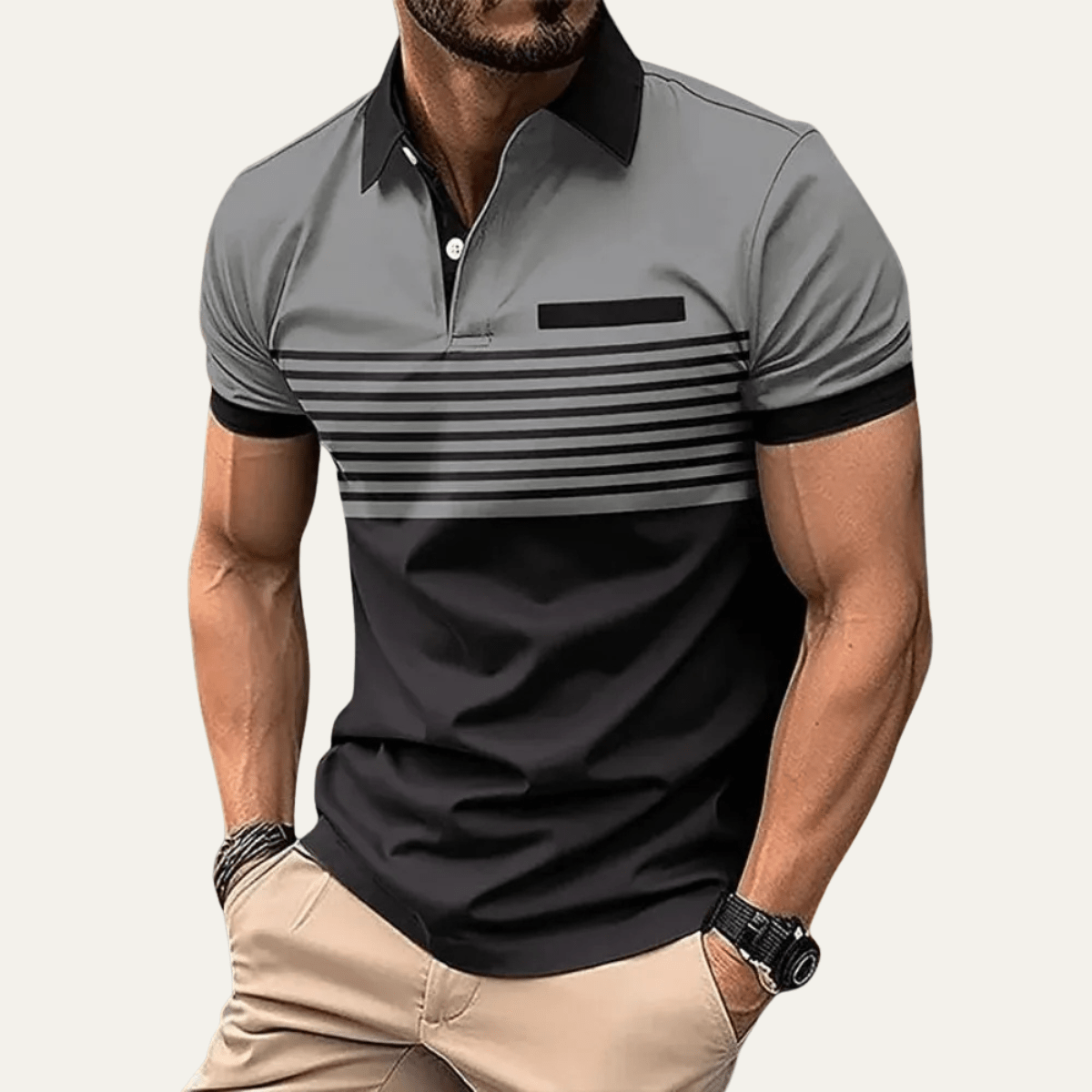 Men's Polo Shirt — Slim Fit Striped Pattern Button Collar