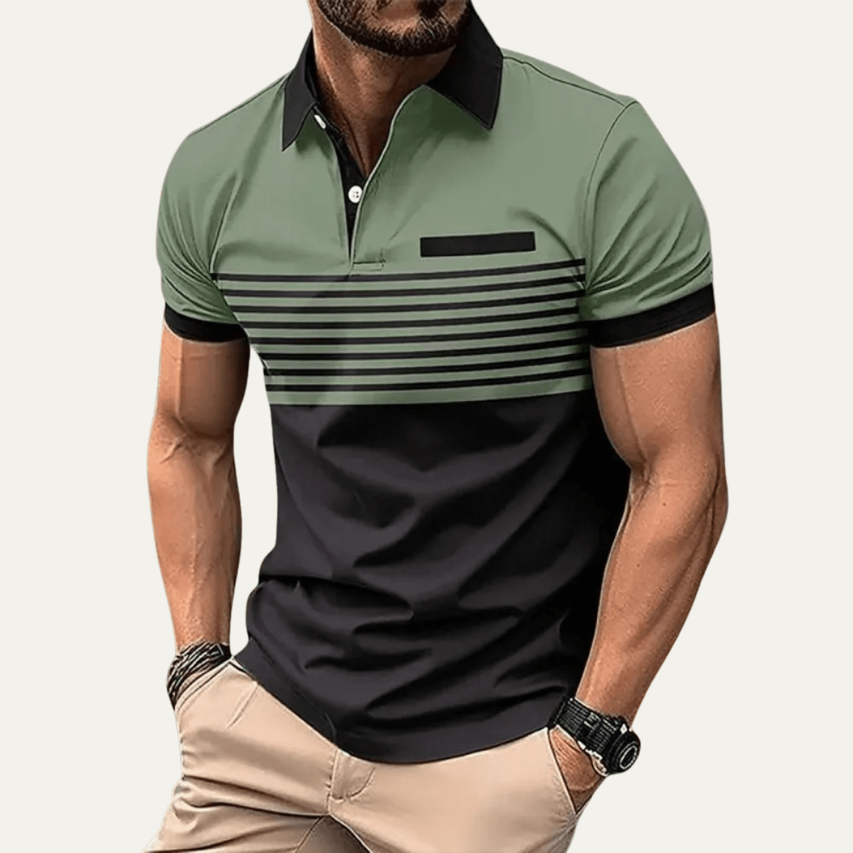 Men's Polo Shirt — Slim Fit Striped Pattern Button Collar