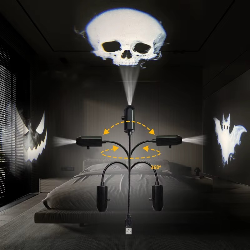 360-degree rotating USB Halloween projector with LED skull lamp