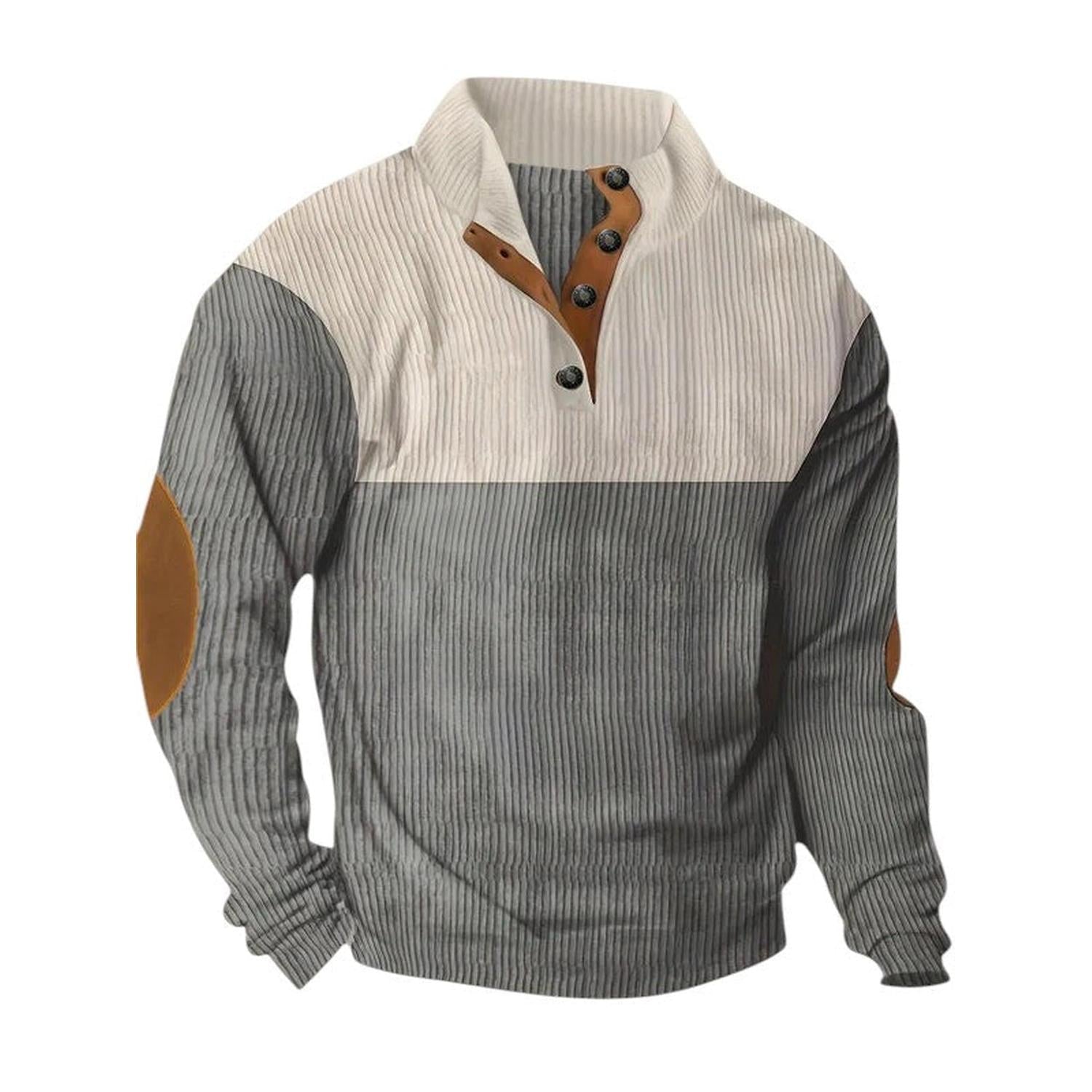 Pullover Sweater Men Ribbed Quarter Button Stand Collar Long Sleeve Elbow Patches