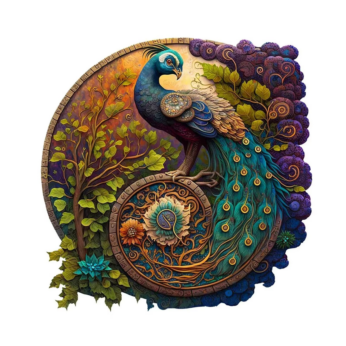 Round wooden peacock puzzle