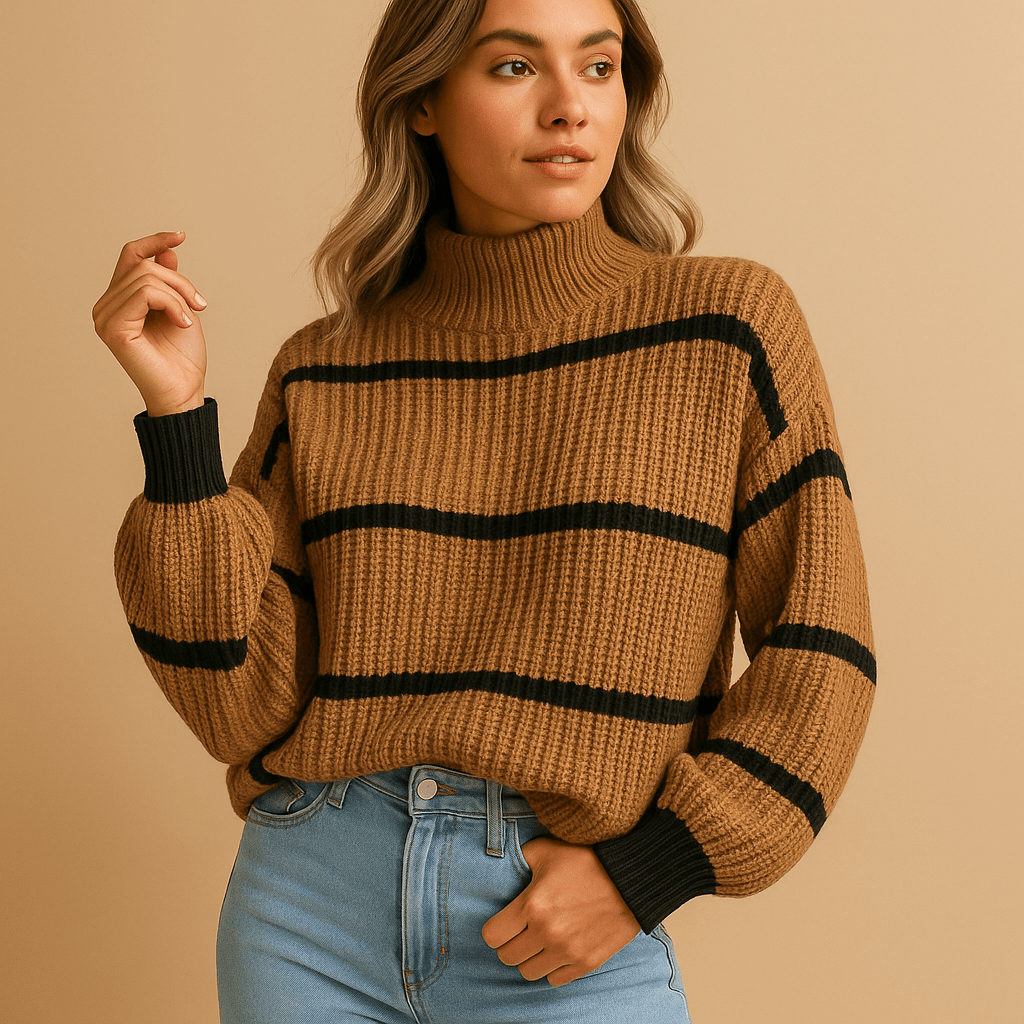 Sweater Women High Neck Long Sleeve Striped Pattern Loose Fit Cut