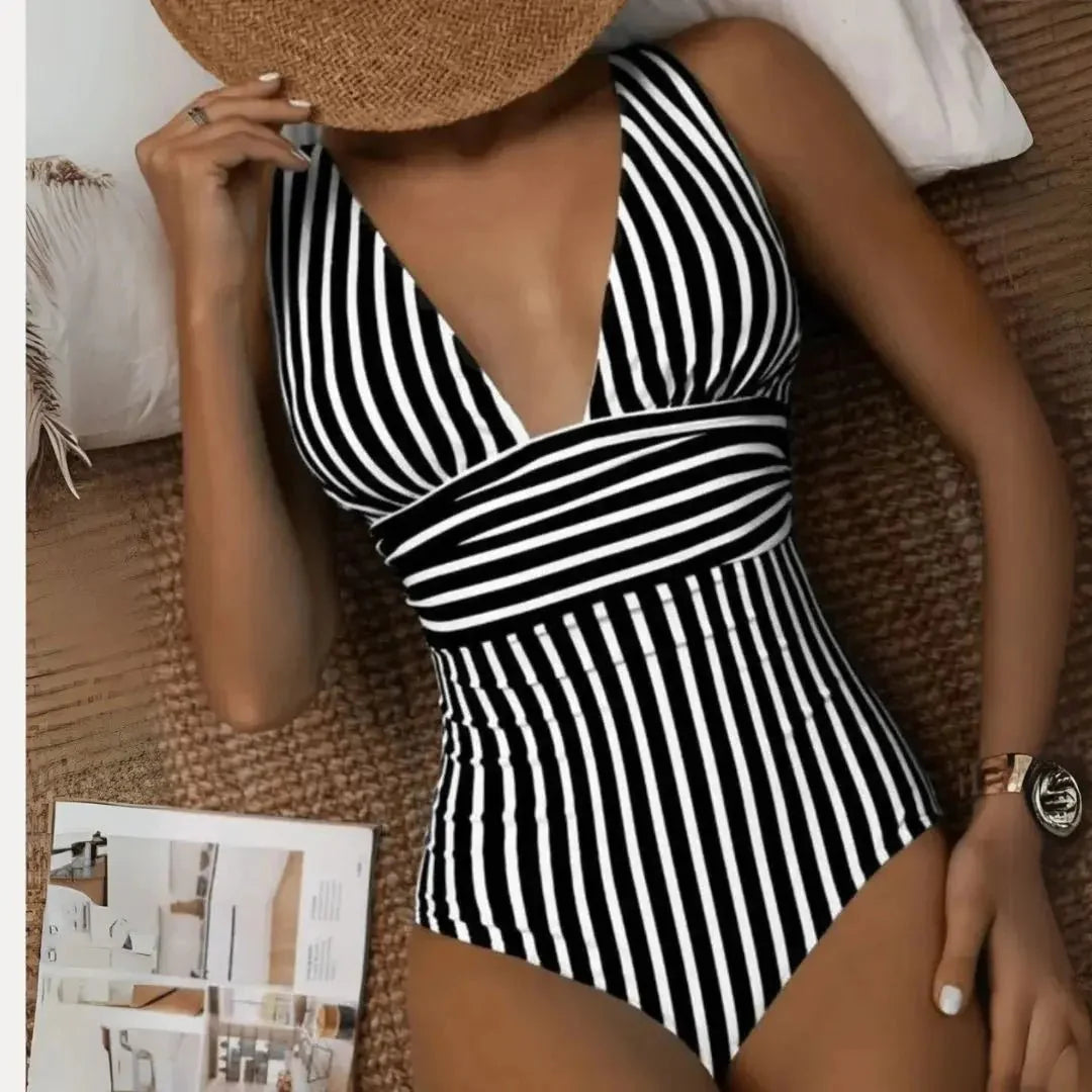 Swimsuit Women One Piece Deep V Halter Neck Removable Cups