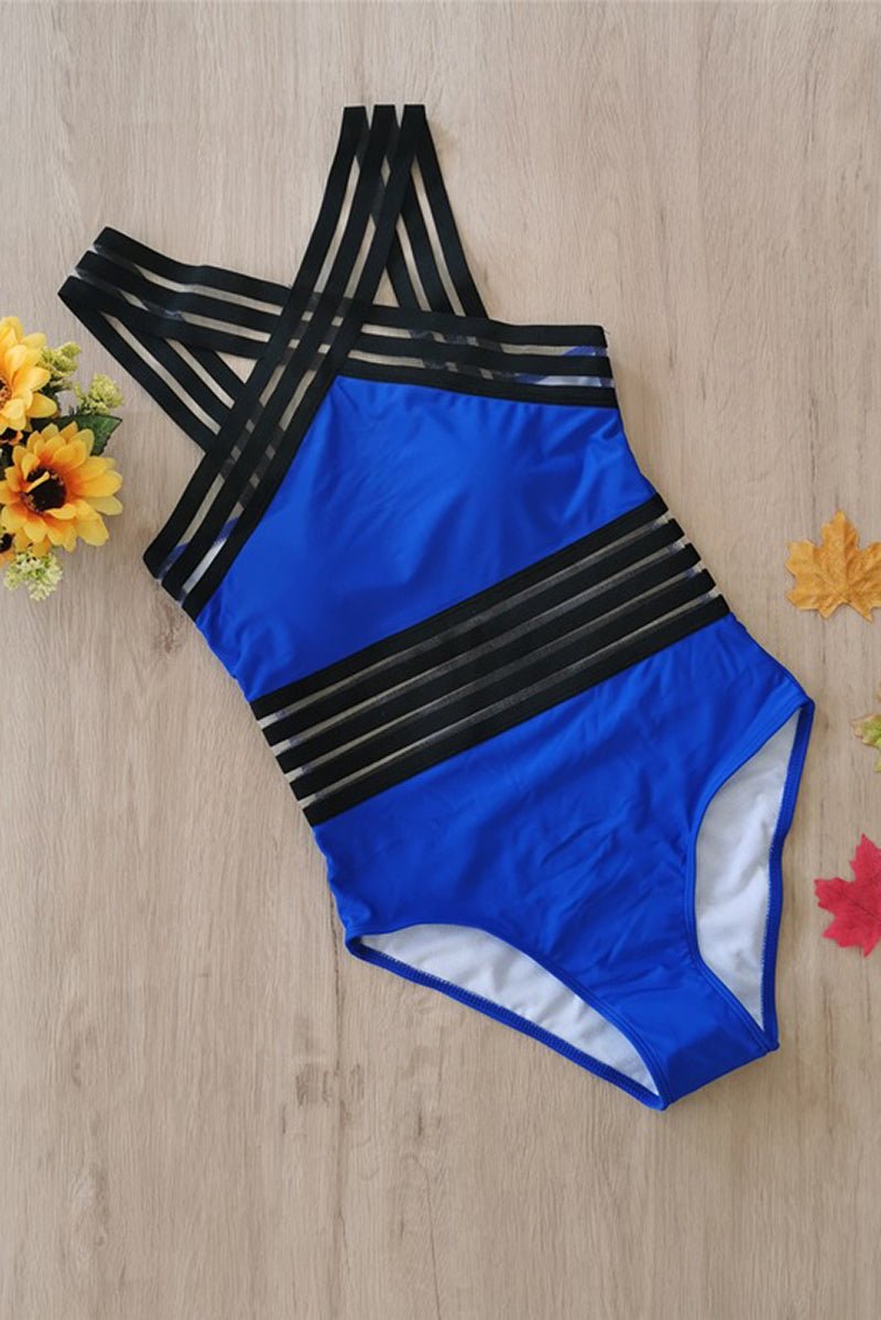 Swimsuit Women One Piece Halter Strappy Sheer Waist Panel