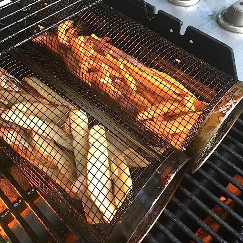 Rotating cylindrical stainless steel barbecue grill for even cooking of vegetables and meat