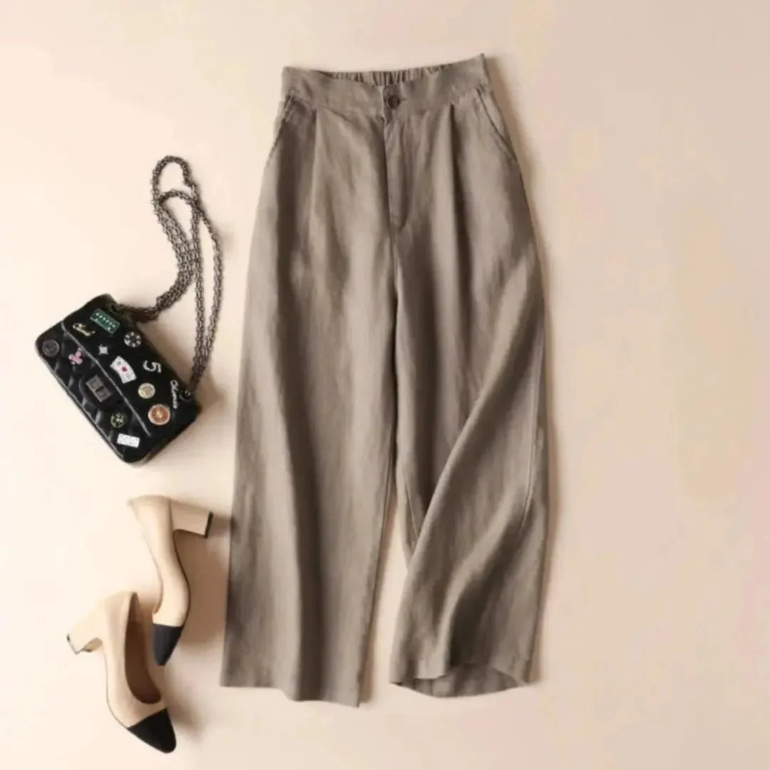 Trousers Women Linen High Waist Wide Leg Button Zip Closure