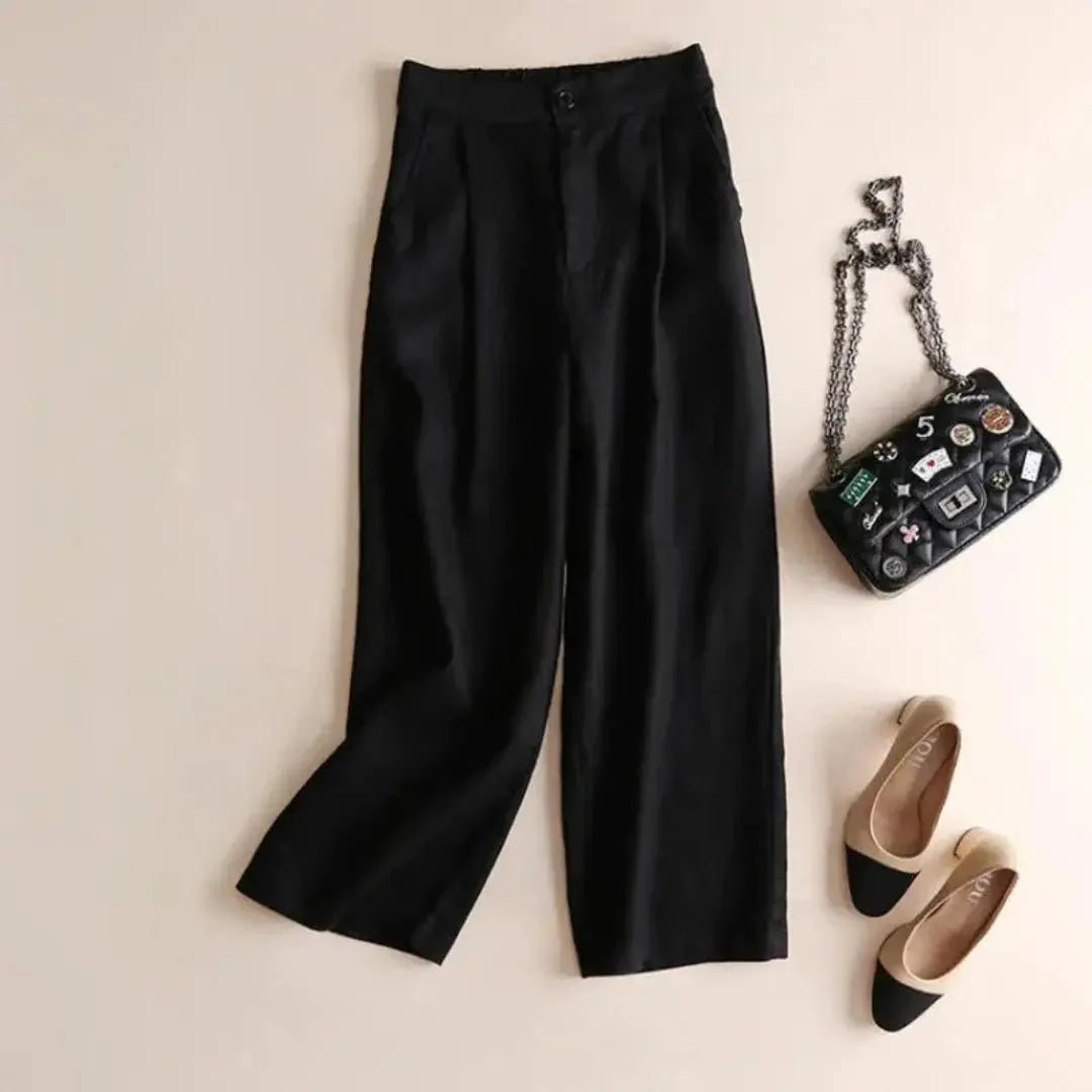Trousers Women Linen High Waist Wide Leg Button Zip Closure
