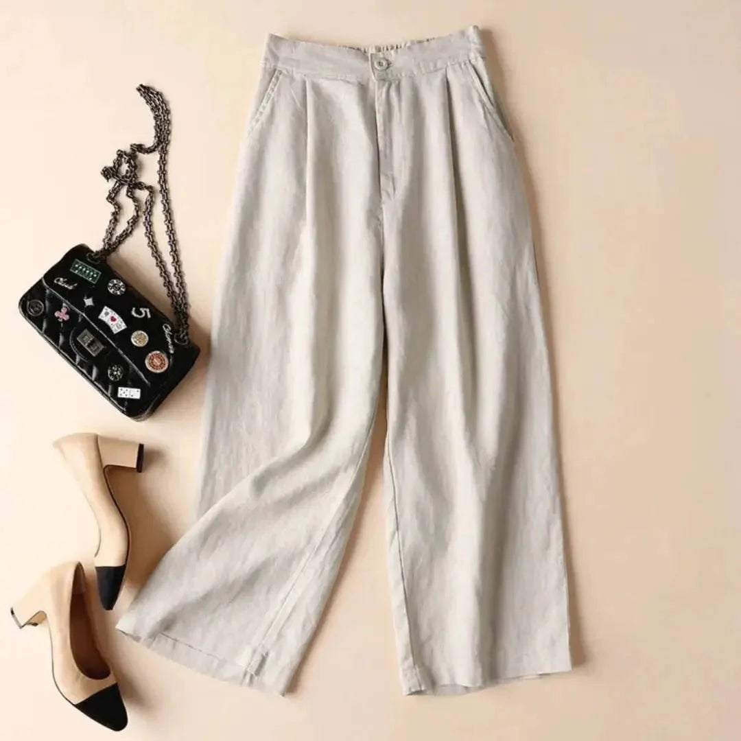 Trousers Women Linen High Waist Wide Leg Button Zip Closure