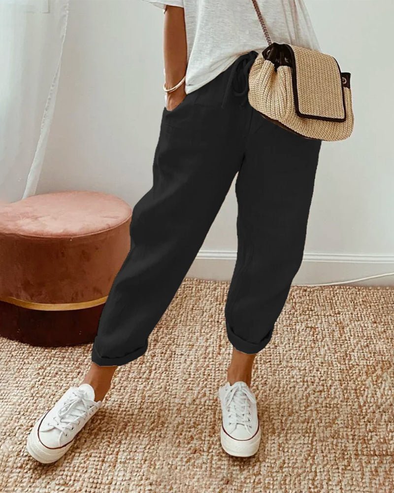 Trousers Women Linen Relaxed Fit Drawstring Waist Full Length