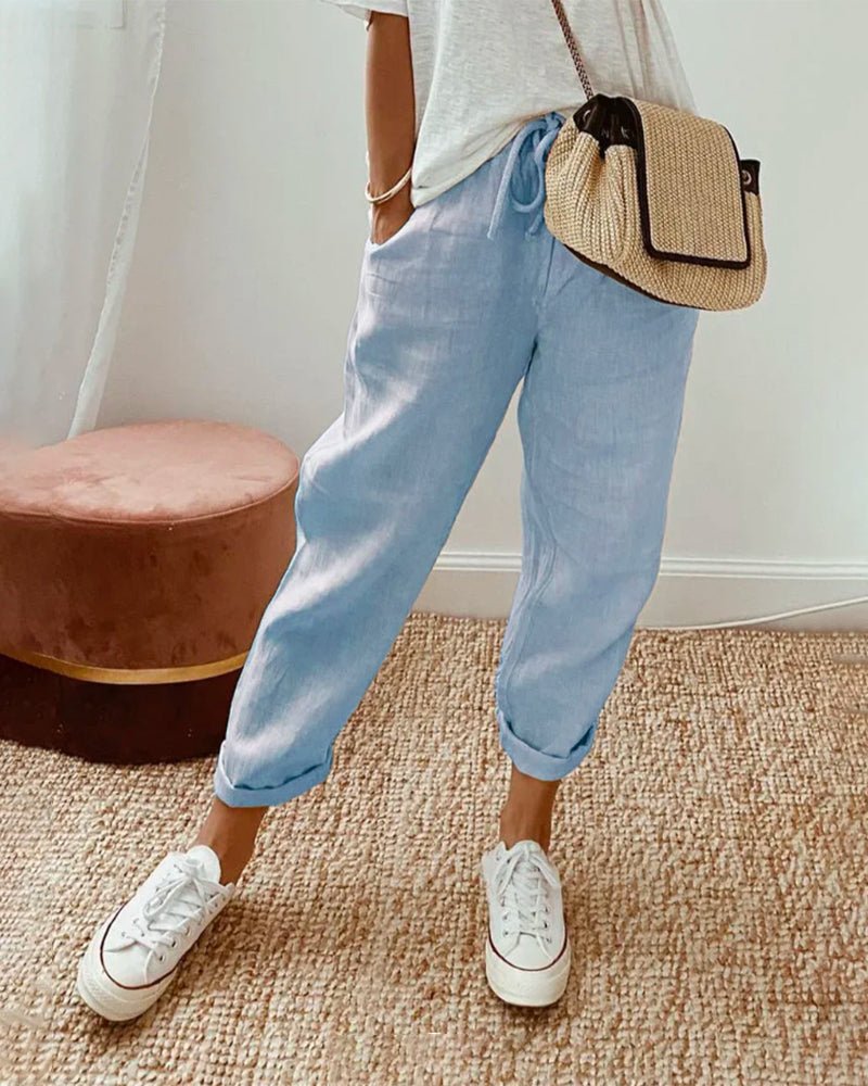 Trousers Women Linen Relaxed Fit Drawstring Waist Full Length