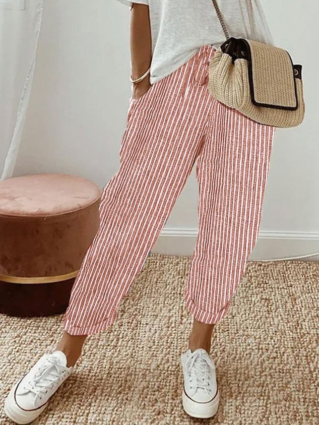 Trousers Women Linen Relaxed Fit Drawstring Waist Full Length