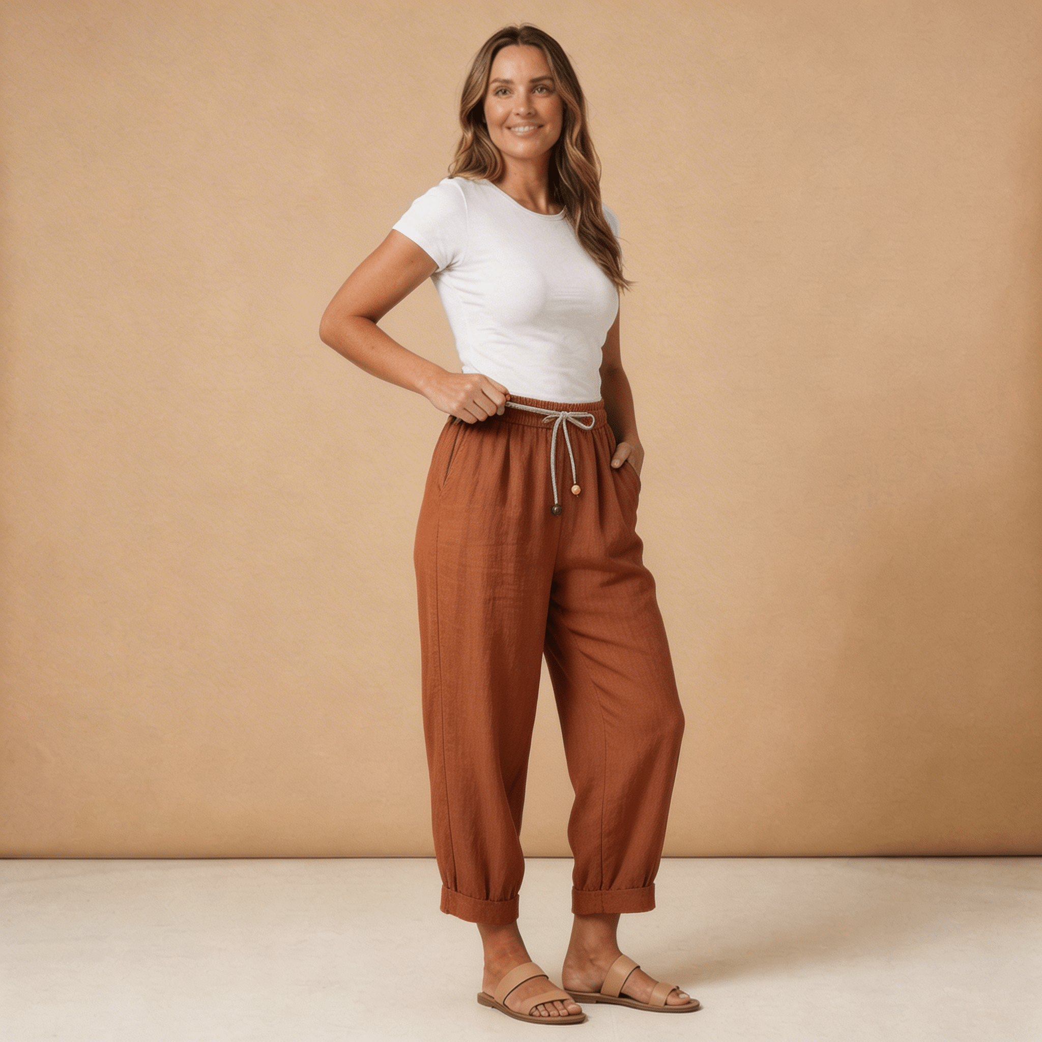 Trousers Women Linen Relaxed Fit Tapered Leg Drawstring Waist