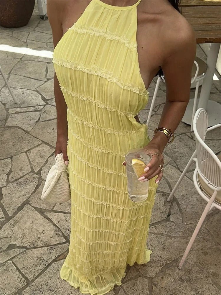 Women Maxi Dress Halter Neck Open Back Pleated Design