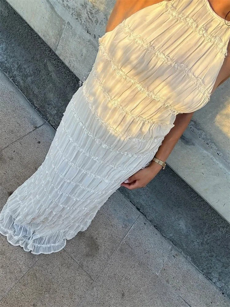 Women Maxi Dress Halter Neck Open Back Pleated Design