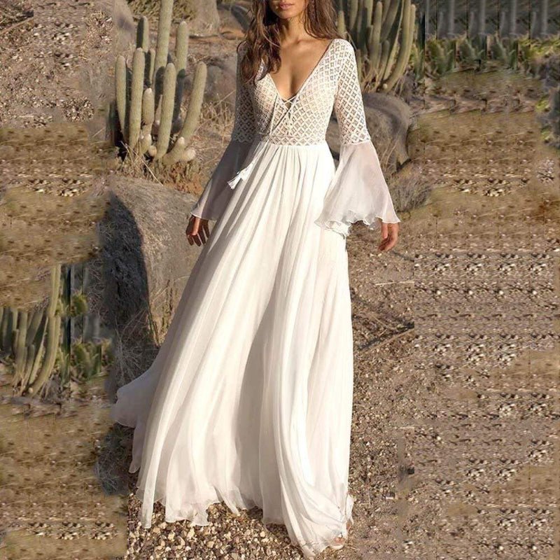 Women Maxi Dress Long Sleeve A-Line V-Neck Lace Up Fit