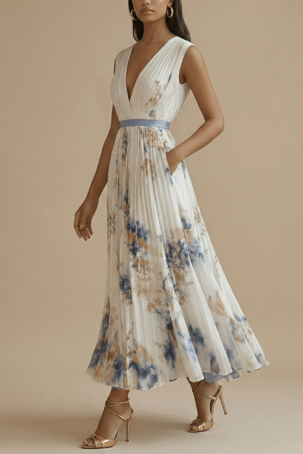 Women Maxi Dress Sleeveless V-Neck Pleated Bodice Fit