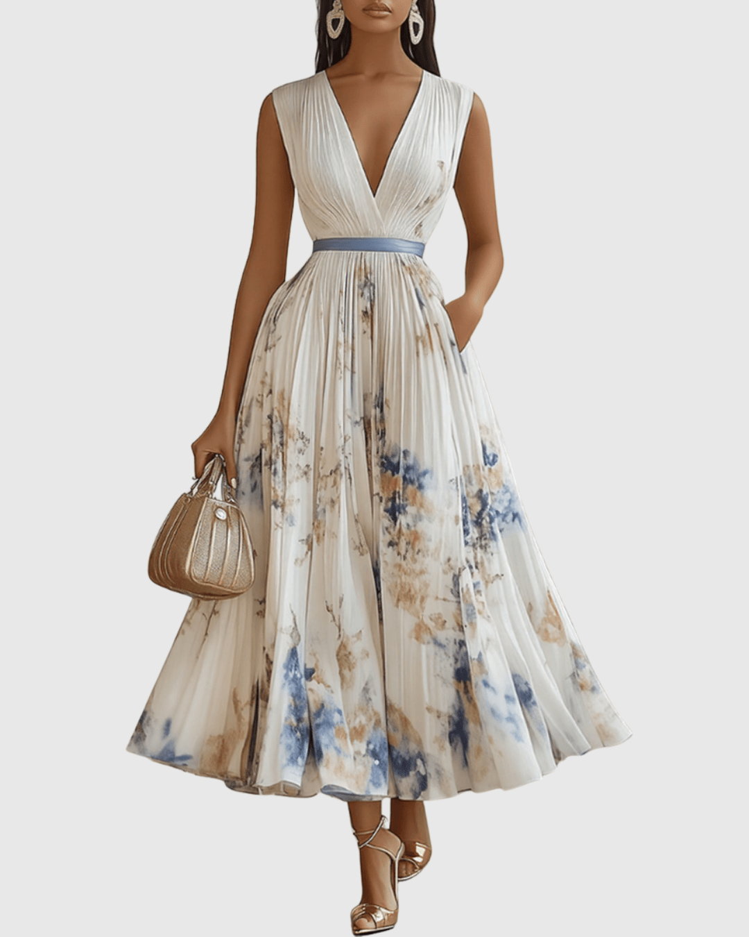 Women Maxi Dress Sleeveless V-Neck Pleated Bodice Fit