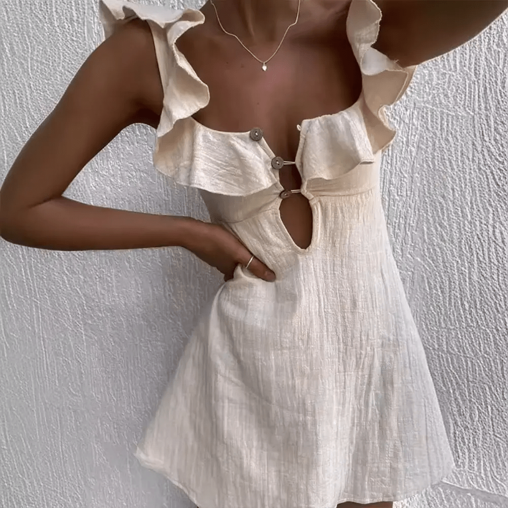 Women Mini Dress Linen V-Neck Spaghetti Straps Above Knee
