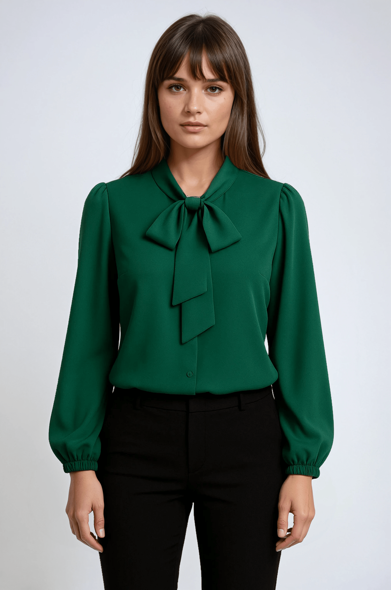 Women's Blouse — Fitted Long Sleeve Bow Neckline Ruched Cuffs