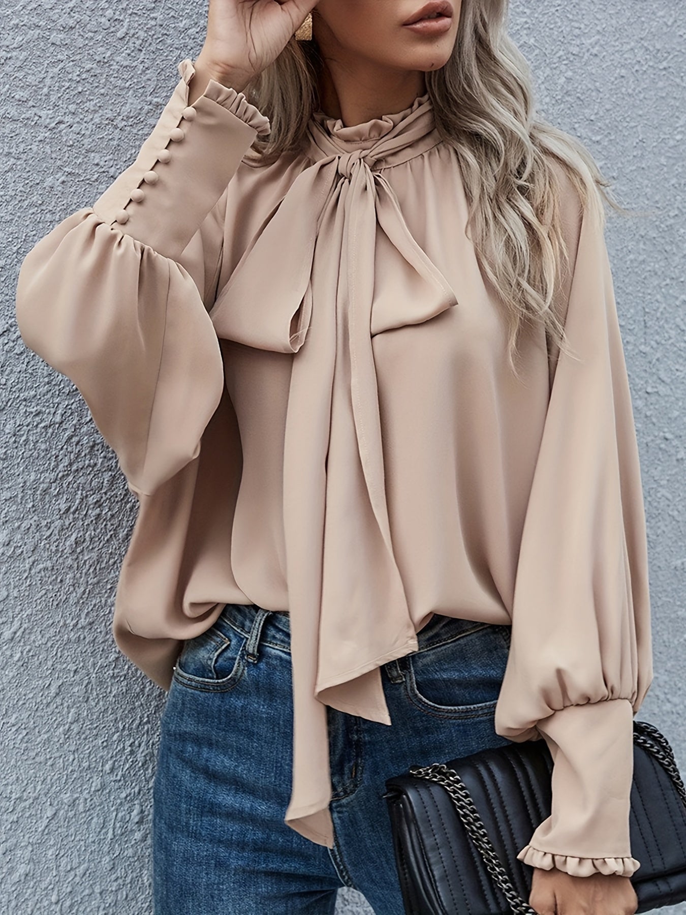 Women's Blouse — Long Sleeve Tie Neck Gathered Sleeves