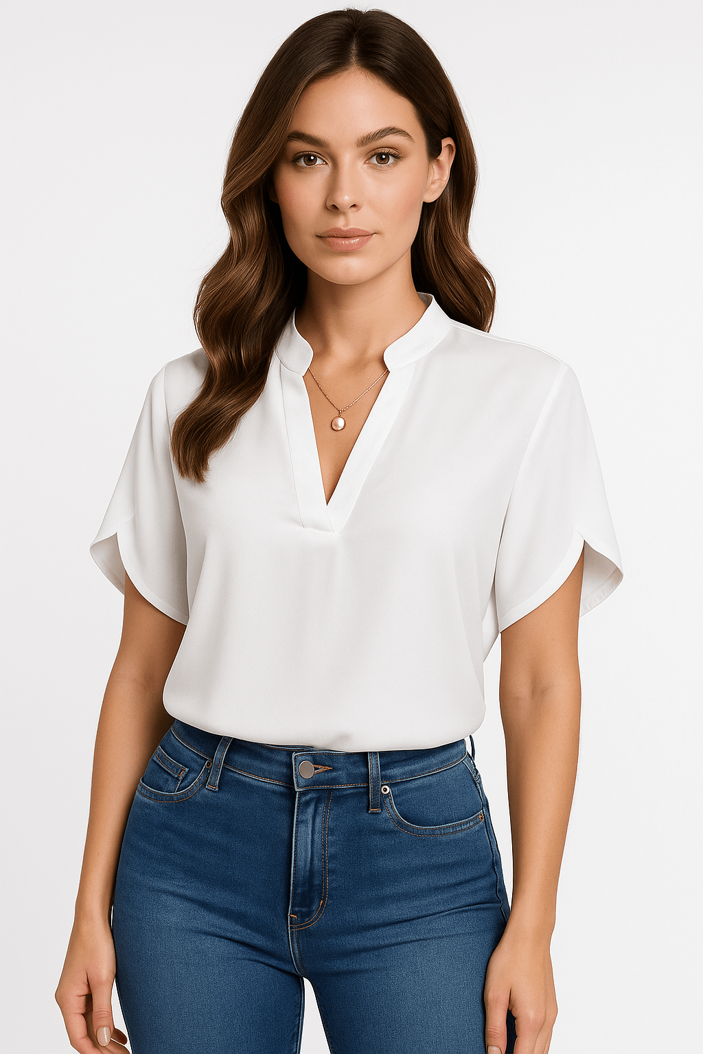 Women's Blouse — V-Neck Mandarin Collar Neckline Detail