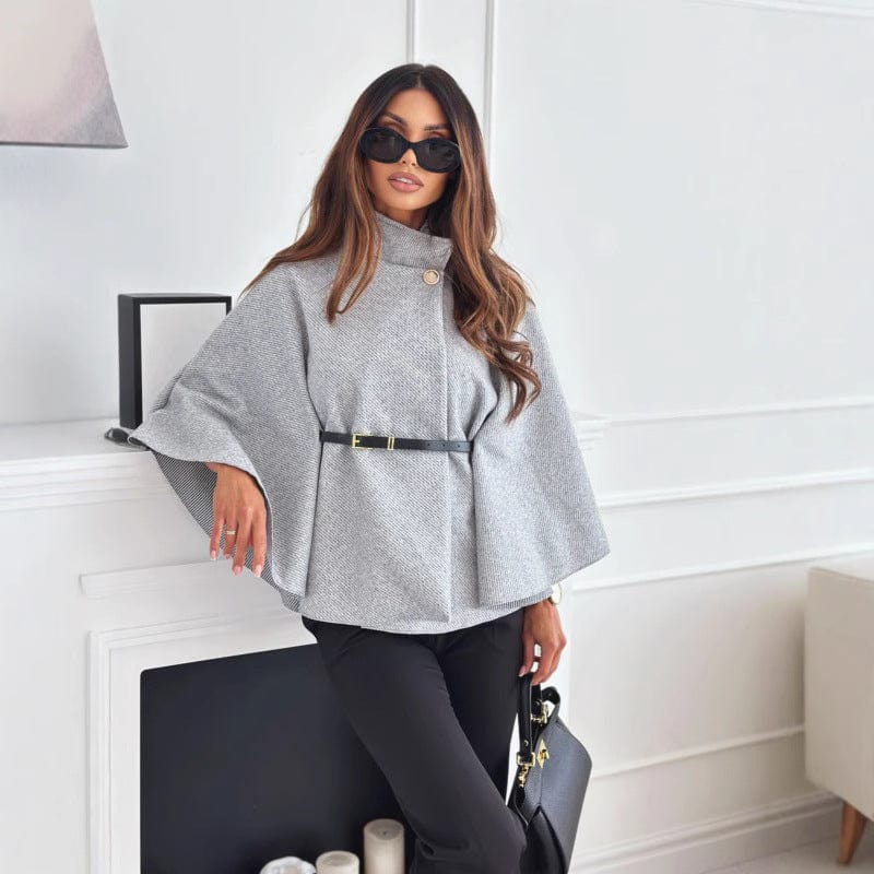 Women's Cape — High Collar Asymmetric Cut Waist Belt Design