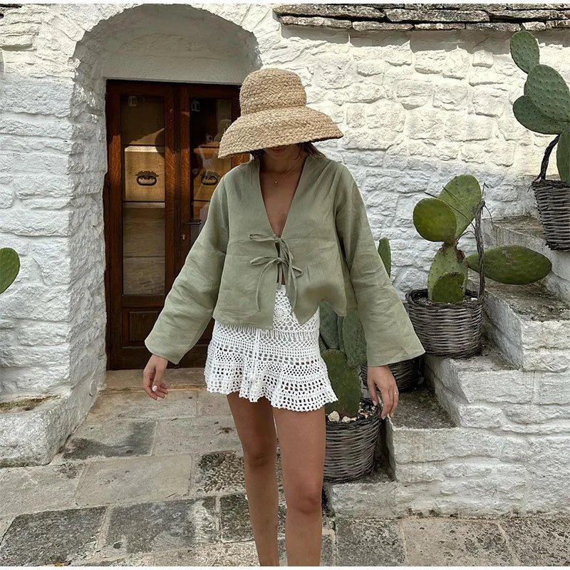 Women's Cropped Top — Tie Front Closure Billowy Sleeves