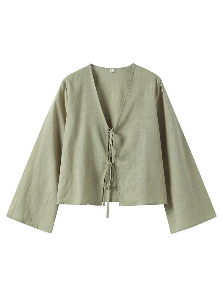 Women's Cropped Top — Tie Front Closure Billowy Sleeves