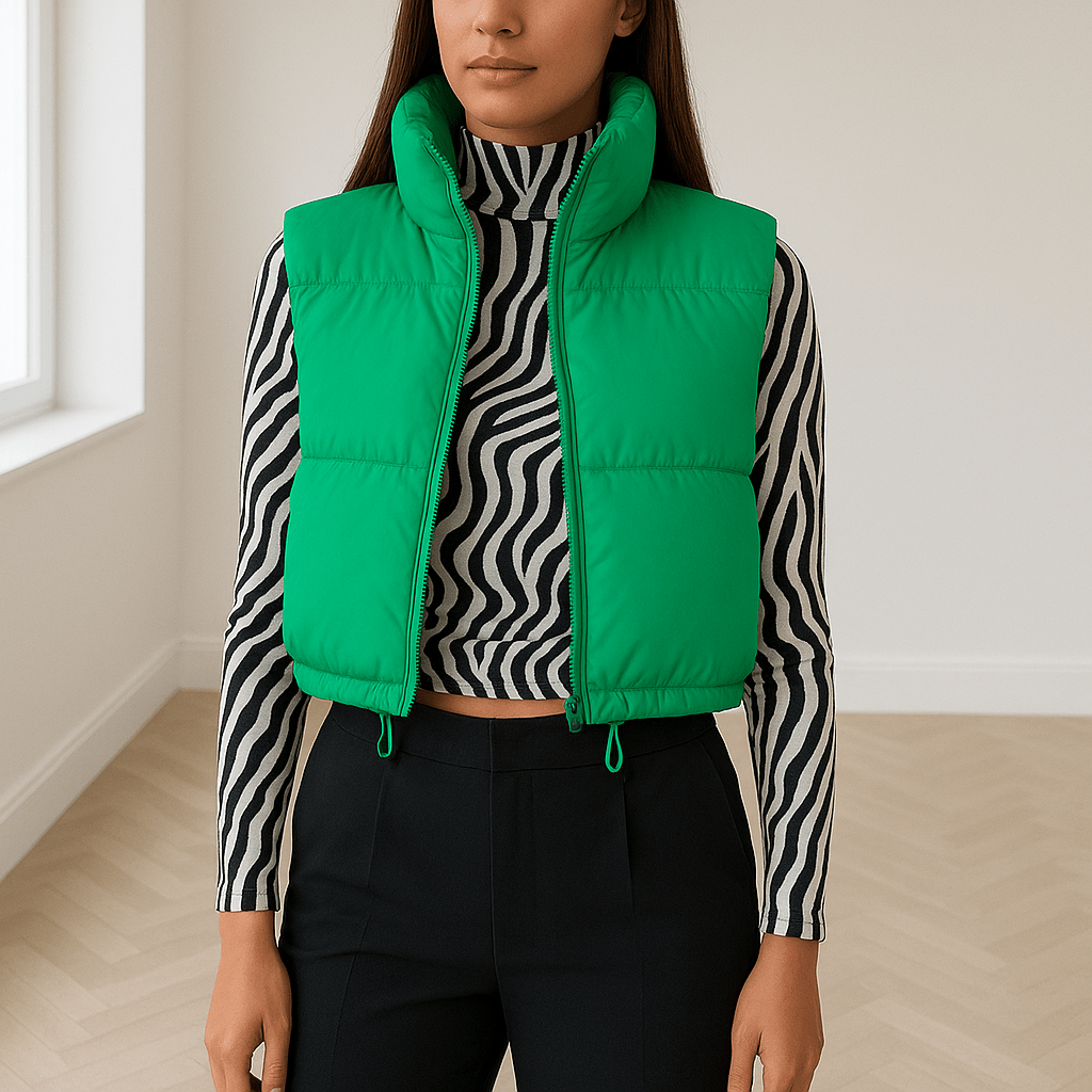 Women's Cropped Vest — Sleeveless High Collar Zipper Puffer