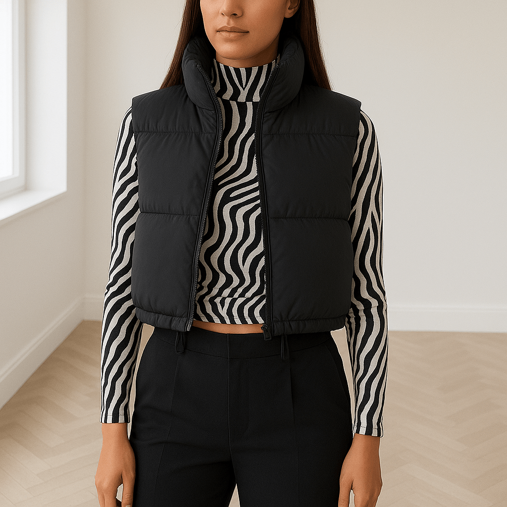 Women's Cropped Vest — Sleeveless High Collar Zipper Puffer