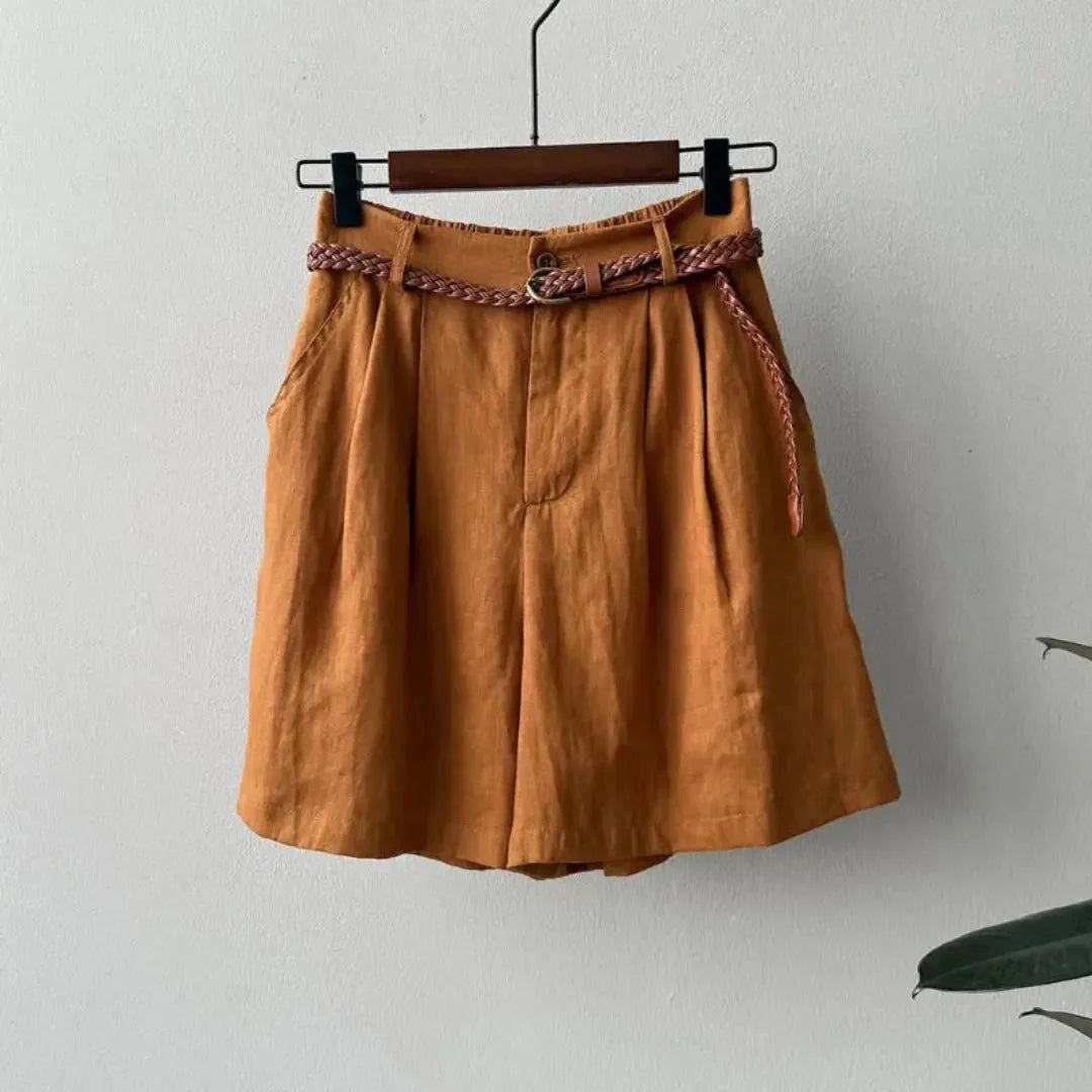 Women's Linen High Waist Pleated Shorts - Elastic Waistband