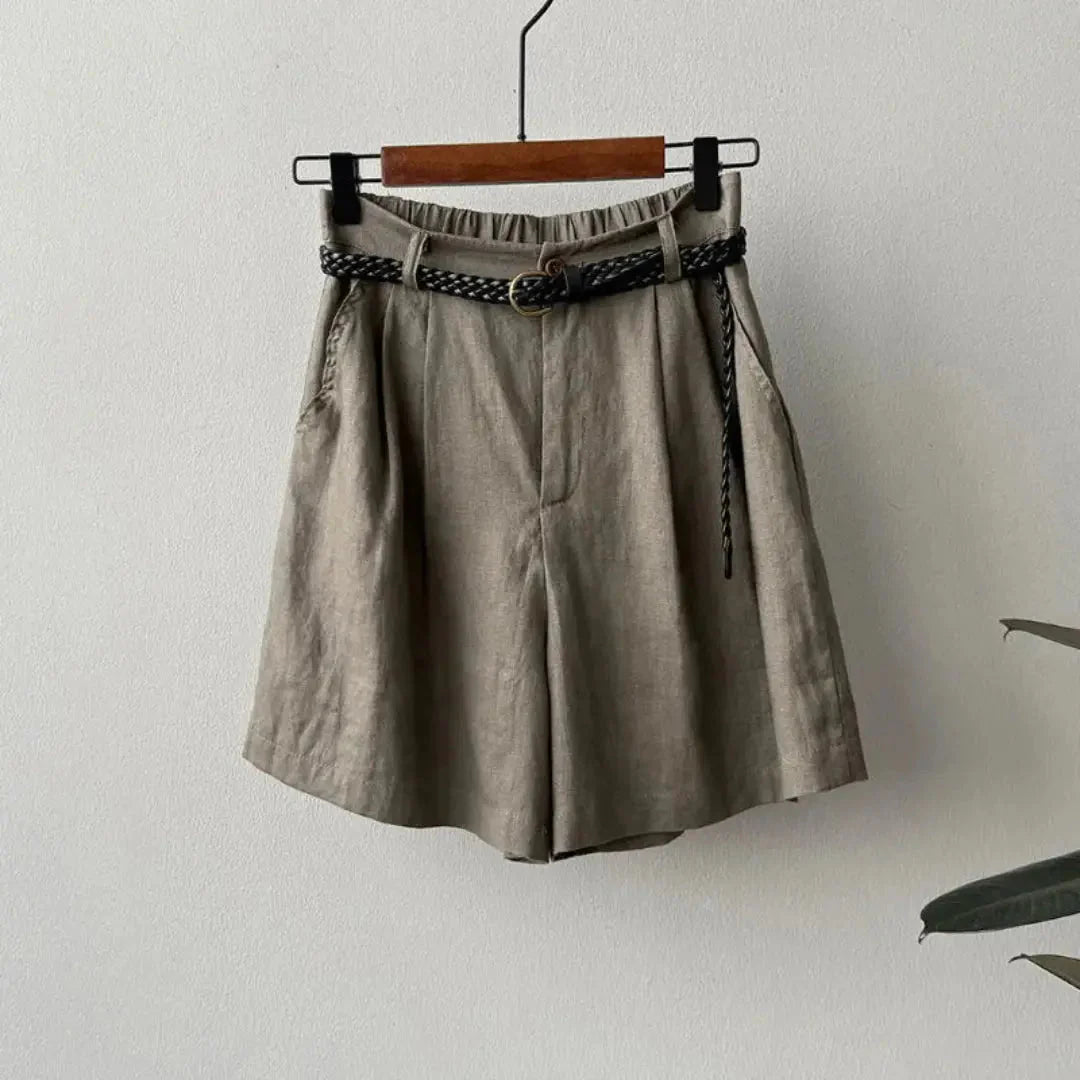Women's Linen High Waist Pleated Shorts - Elastic Waistband