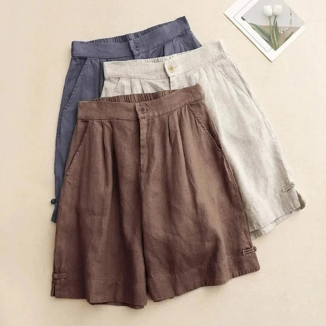 Women's Linen High Waist Shorts - Loose Fit Button Closure
